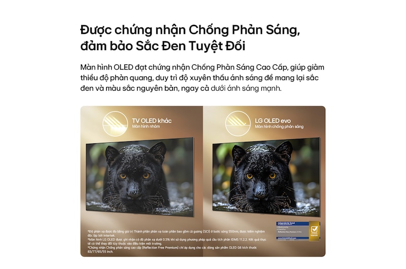 LG OLED evo AI W6 Wallpaper TV with Reflection Free Premium shows a side-by-side comparison against an anti-glare matte display, keeping the black jaguar image clear with deep blacks and fine texture, especially in bright environments, with an Intertek certification mark shown.